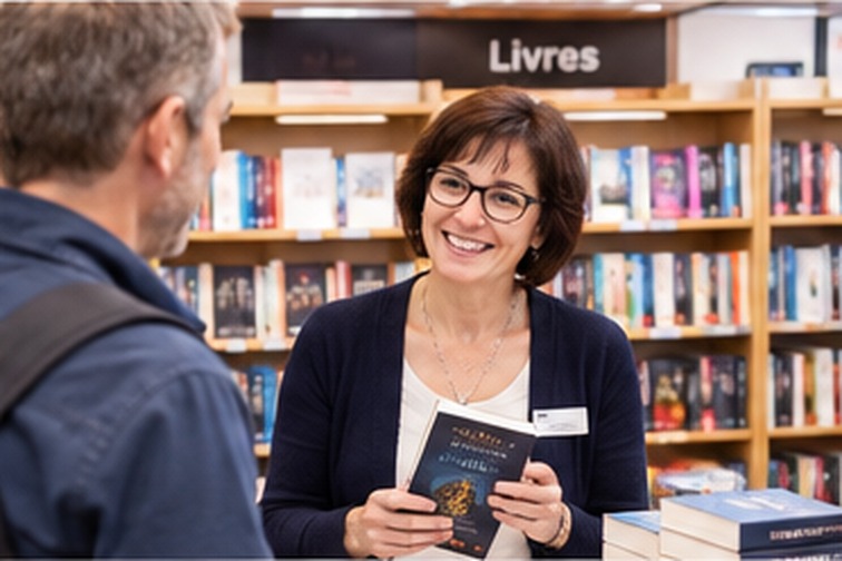 Une libraire souriante conseillant un client