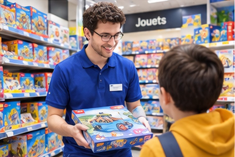Un vendeur de jouets présentant un jeu à un enfant